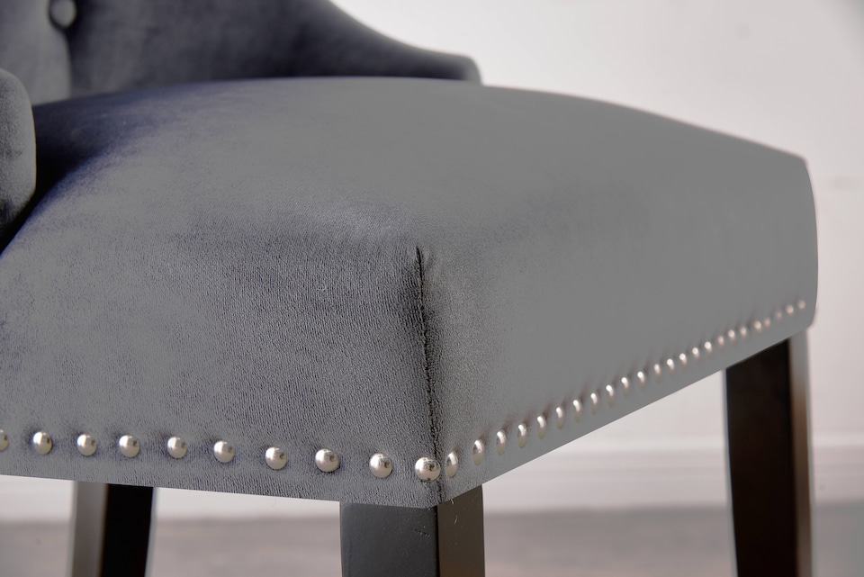 image 1 of Set of 4 Dark Grey Windsor  Velvet Dining Chair Ergonomic Scoop Knockerback & Button Tufted Wood Legs | Grey | Dark Grey