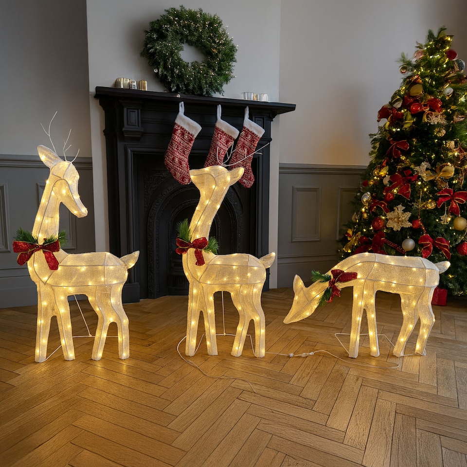 image 1 of Neo Set of 3 LED Lighted Reindeer Christmas Decorations Indoor Outdoor Holiday Yard Décor 210 Dual LED Lights Timer Weather Resistant Frame Festive Red Bows & Greenery