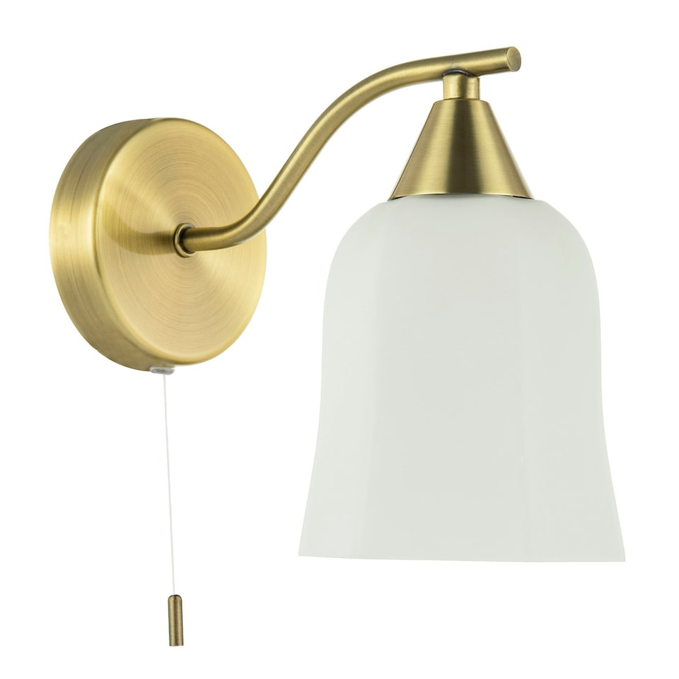 image 1 of Traditional Switched Downlight Wall Light in Antique Brass with Opal Glass Shade