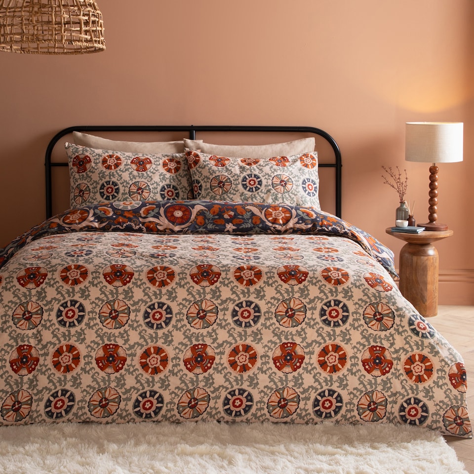 image 1 of Furn Kinfolk Printed Reversible Duvet Cover Set | Blue | Denim Blue | Super King