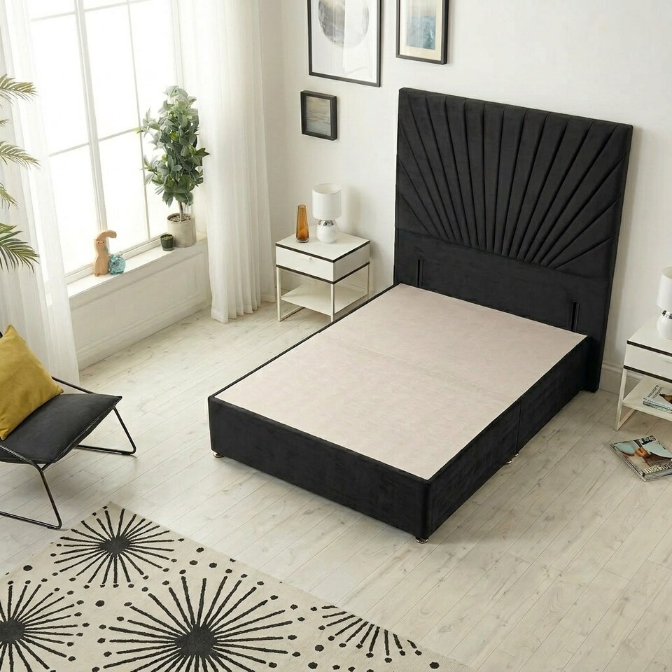 image 1 of Sunburst Divan Bed with 54'' Floor Standing Headboard Plush Velvet | Black | Black