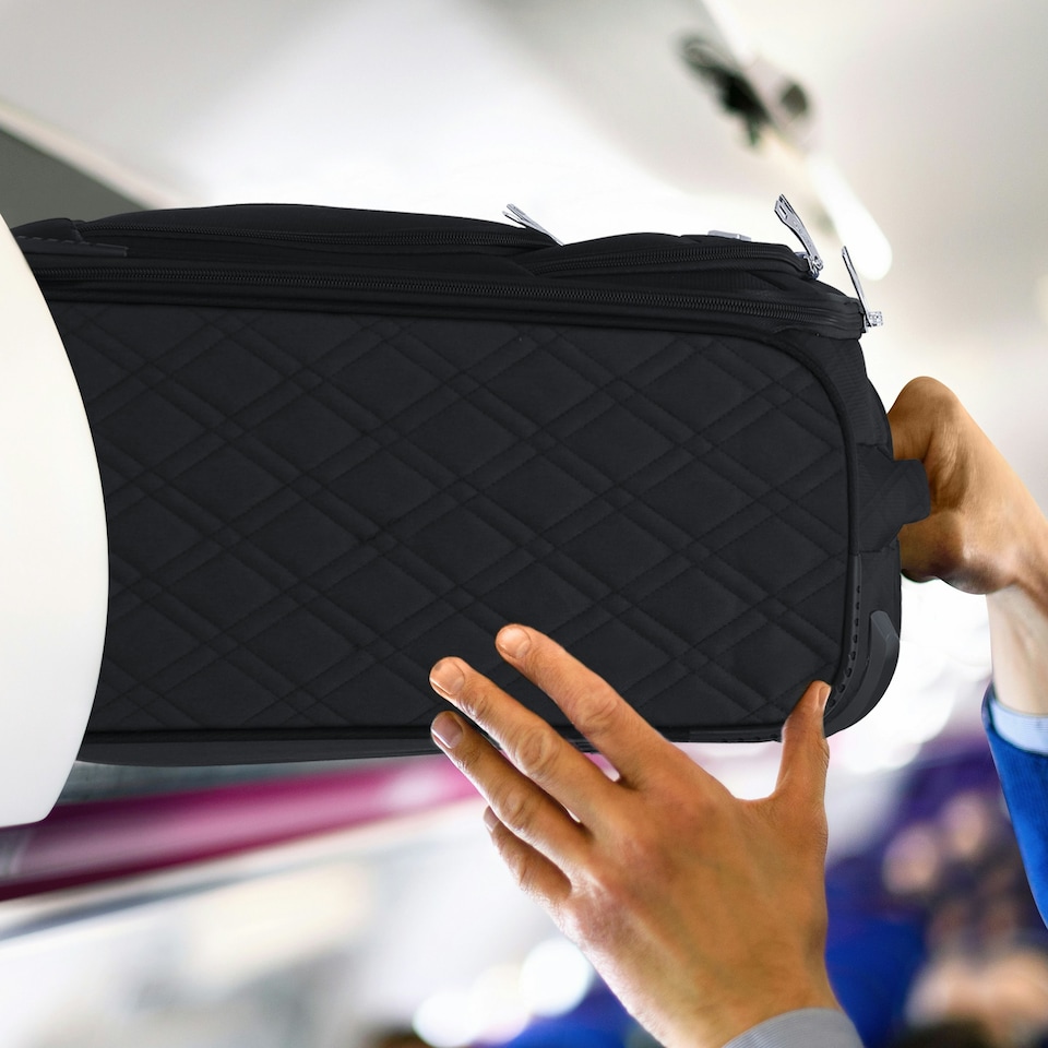 image 1 of Flight Knight Lightweight 4 Wheel 800D Soft Case Quilted Suitcase Cabin Carry On Hand Luggage Ryanair Maximum Priority Carry On Approved Black | Black | Cabin Bag