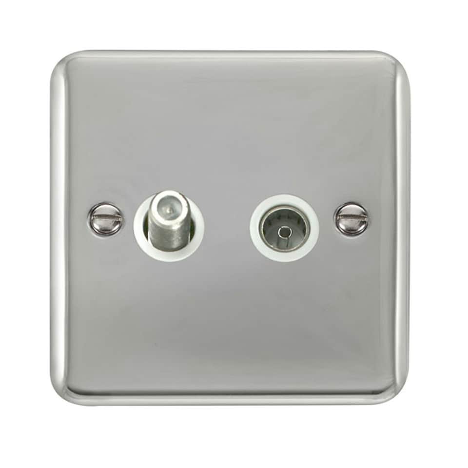 SE HOME Curved Polished Chrome Satellite & Coaxial Socket 1 Gang White | Polished Chrome