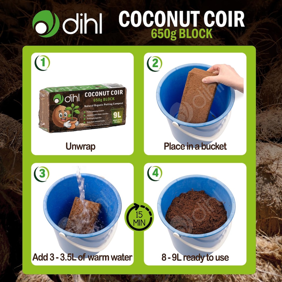 image 1 of Dihl 15x 650g Organic Coconut Coco Coir Fibre Compost Block Bricks, 100% Natural Compressed Peat-Free Garden Growing Medium, Seedling Potting Beeding Soil, pH Balanced - 9.75 KG 135 Litres