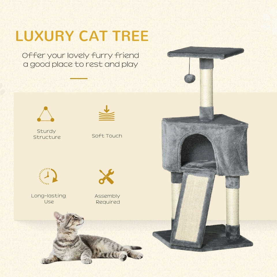 image 1 of PawHut Kitten Tower Corner Cat Tree w/Scratching Post House Ladder Toy Grey