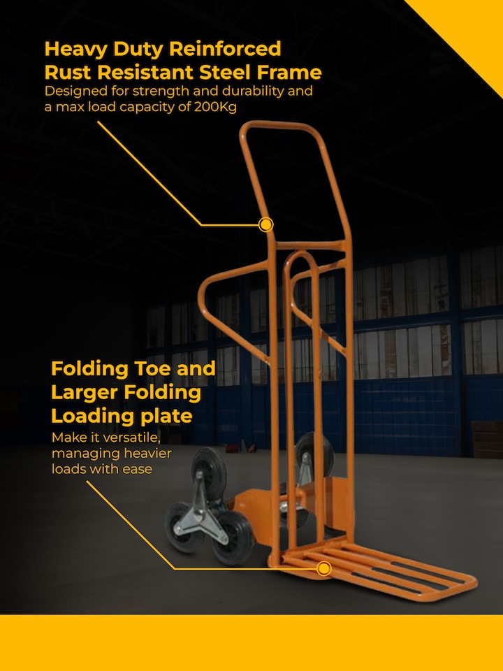 image 1 of Heavy Duty Stair Climber Sack Truck, Steel Yellow Frame, 3 Linked Wheels, Folding Toe Plate - 200kg Capacity | Orange