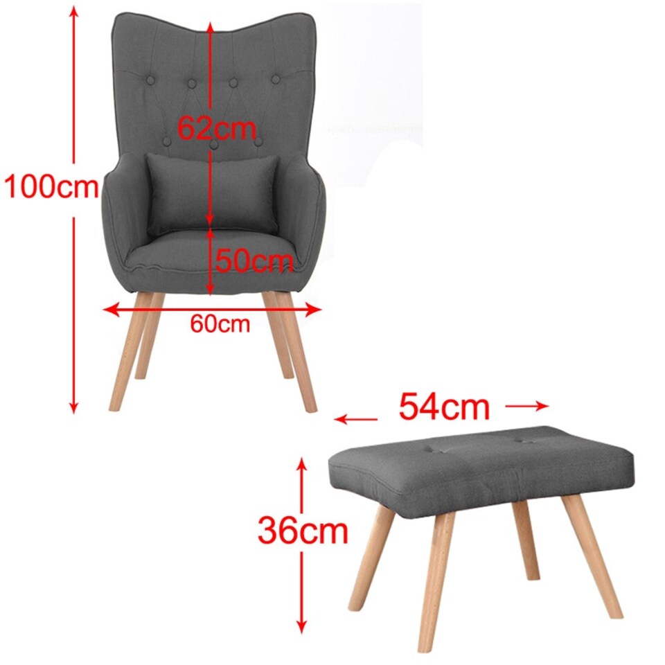 image 1 of Living and Home Classic Linen Oak Wood Legs Leisure Armchair with Cushion and Footstool - Dark Grey 60*50*100cm Grey