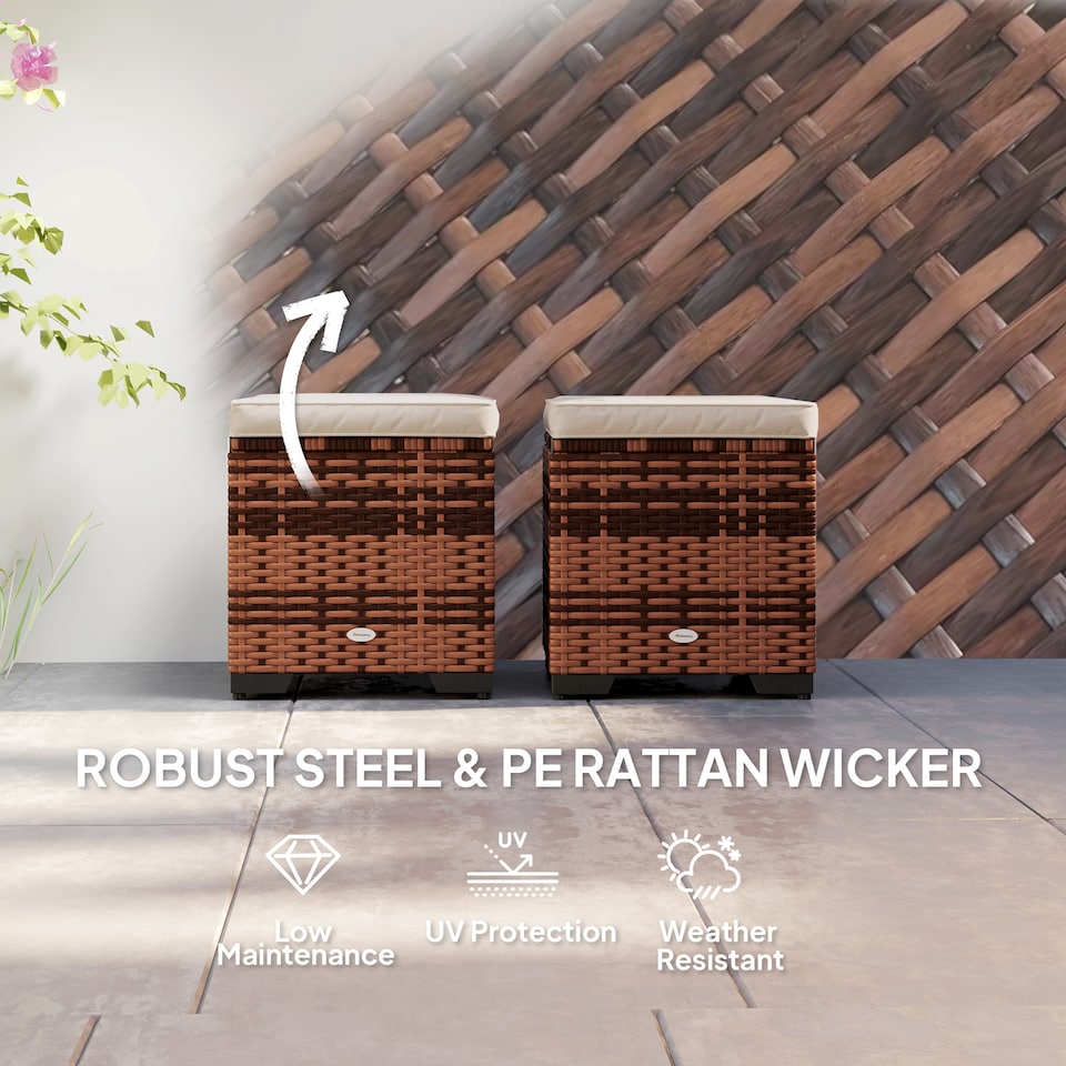 image 1 of Outsunny Set of 2 Rattan Storage Ottoman, Outdoor Footstool with Removable Cushions, Garden Storage Seat for Balcony, Porch, Living Room, Beige | White | 40W x 40D x 40H cm | 1