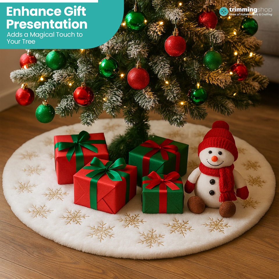 image 1 of 100cm White Christmas Tree Skirt with Snowflake Design, Gold Embroidered