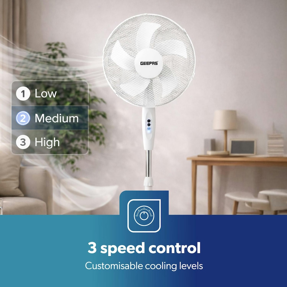 image 1 of GEEPAS 16 inch 5 Blades Pedestal Free Standing Fan 45W, White