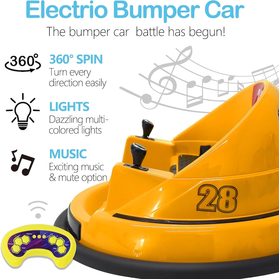 image 1 of Alivio Remote Control Bumper Car for Kids, 360° Spin with Lights, Music & Safety Belt (Yellow)