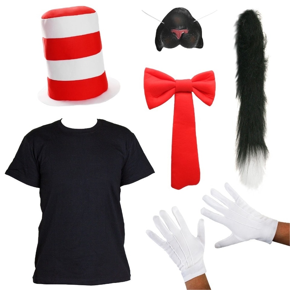 image 1 of Crazy Cat Costume Set Black T-Shirt, Cat Nose, Fluffy Tail Black | L