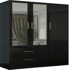 Modern 3-Door High Gloss Wardrobe with Dual Mirrors, Gold Accent Handles, Drawers & Shelves-116cm Wide Black | Black116cm