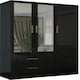 image 1 of Modern 3-Door High Gloss Wardrobe with Dual Mirrors, Gold Accent Handles, Drawers & Shelves-116cm Wide Black | Black116cm