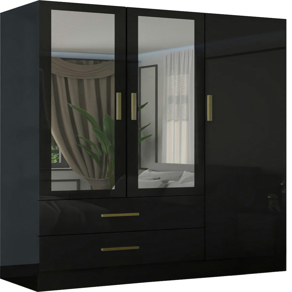 image 1 of Modern 3-Door High Gloss Wardrobe with Dual Mirrors, Gold Accent Handles, Drawers & Shelves-116cm Wide Black | Black116cm