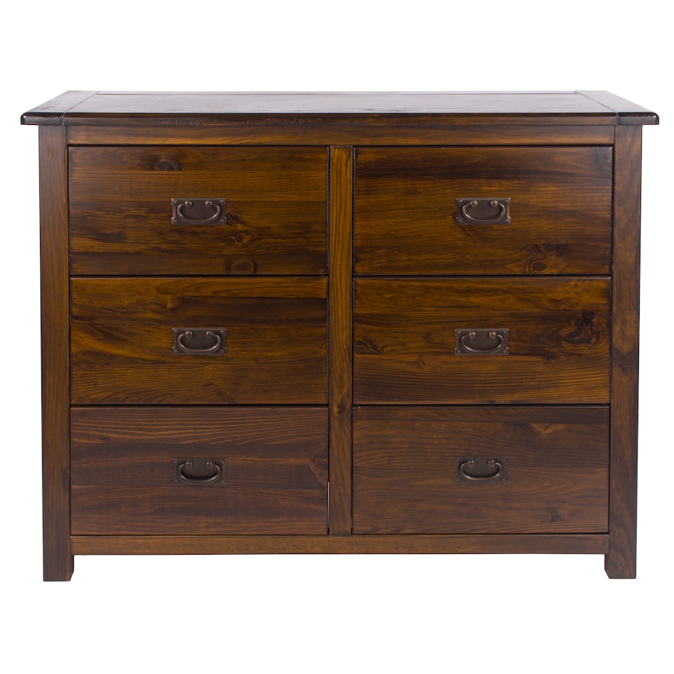image 1 of Boston 3+3 Drawer Wide Chest - Rich Dark Brown Lacquer Solid Wood Bedroom Storage with Brass Handles | Brown | Brown | 1