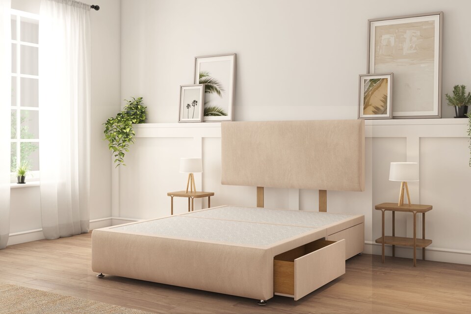 image 1 of Sloomy Rutherford Sand Naples Divan Bed With Mattress 2 Drawers Left 26" Strutted Headboard & 12" Footboard 5' King
