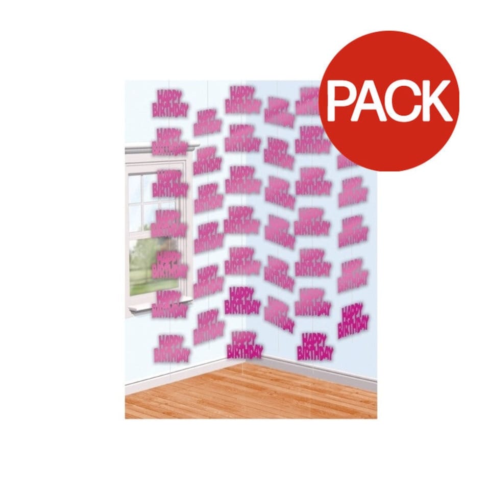 Amscan String Happy Birthday Hanging Decoration (Pack of 6) - Pink - One Size