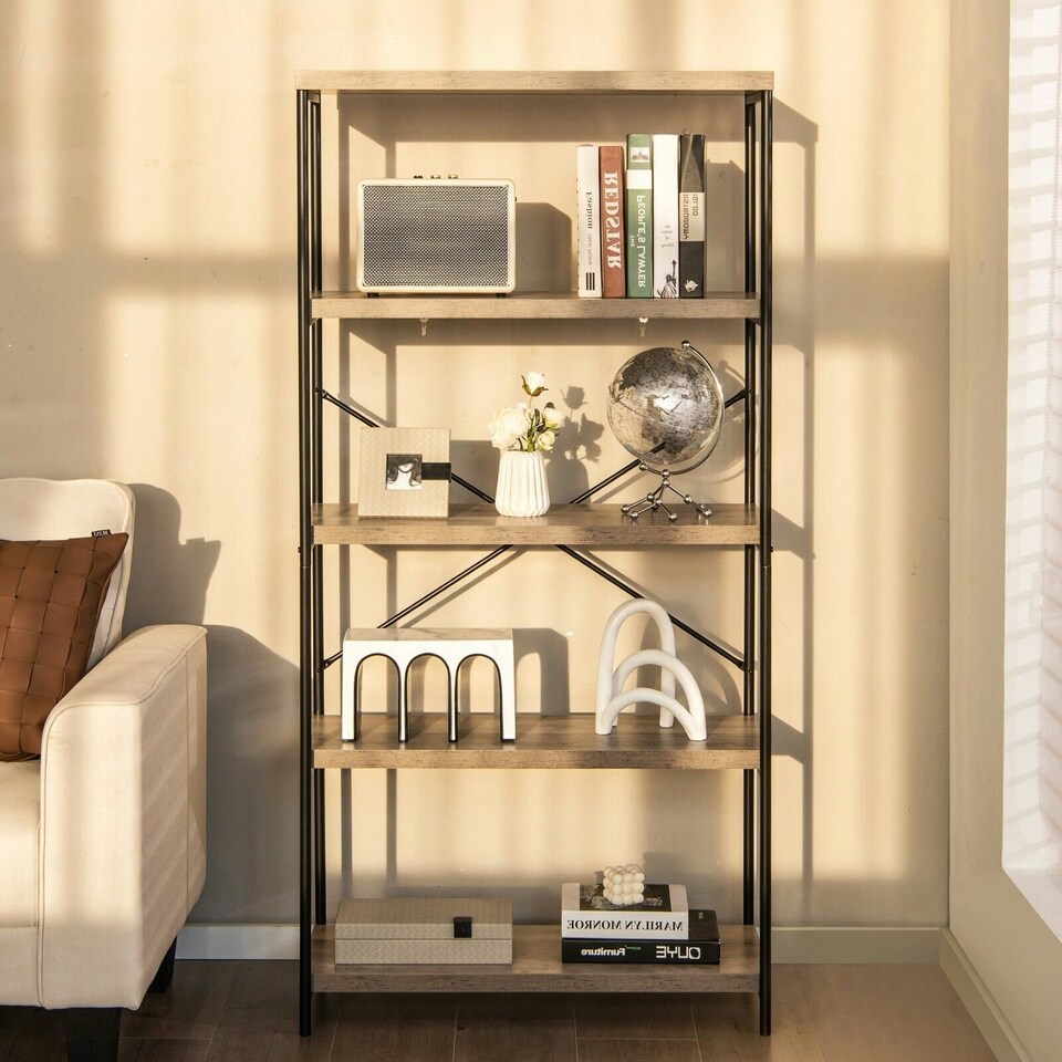 image 1 of COSTWAY 5-Tier Bookshelf Wood Bookcase Display Rack Grey Grey