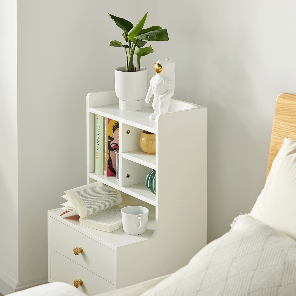 image 1 of SoBuy FBT100-W,Modern Bedside Table with 2 Drawers & 3 Open Shelves | White | White | 1