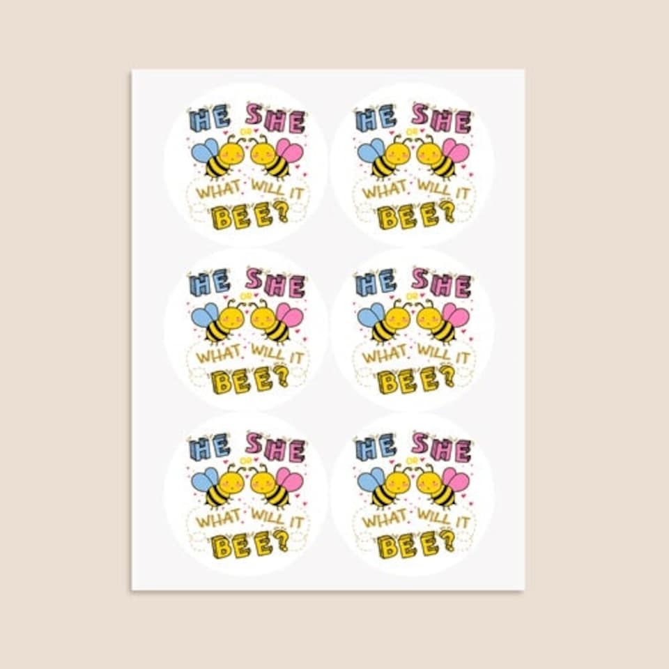 image 1 of What Will it Bee Gender Reveal Round Stickers 88mm - Sheet of 6
