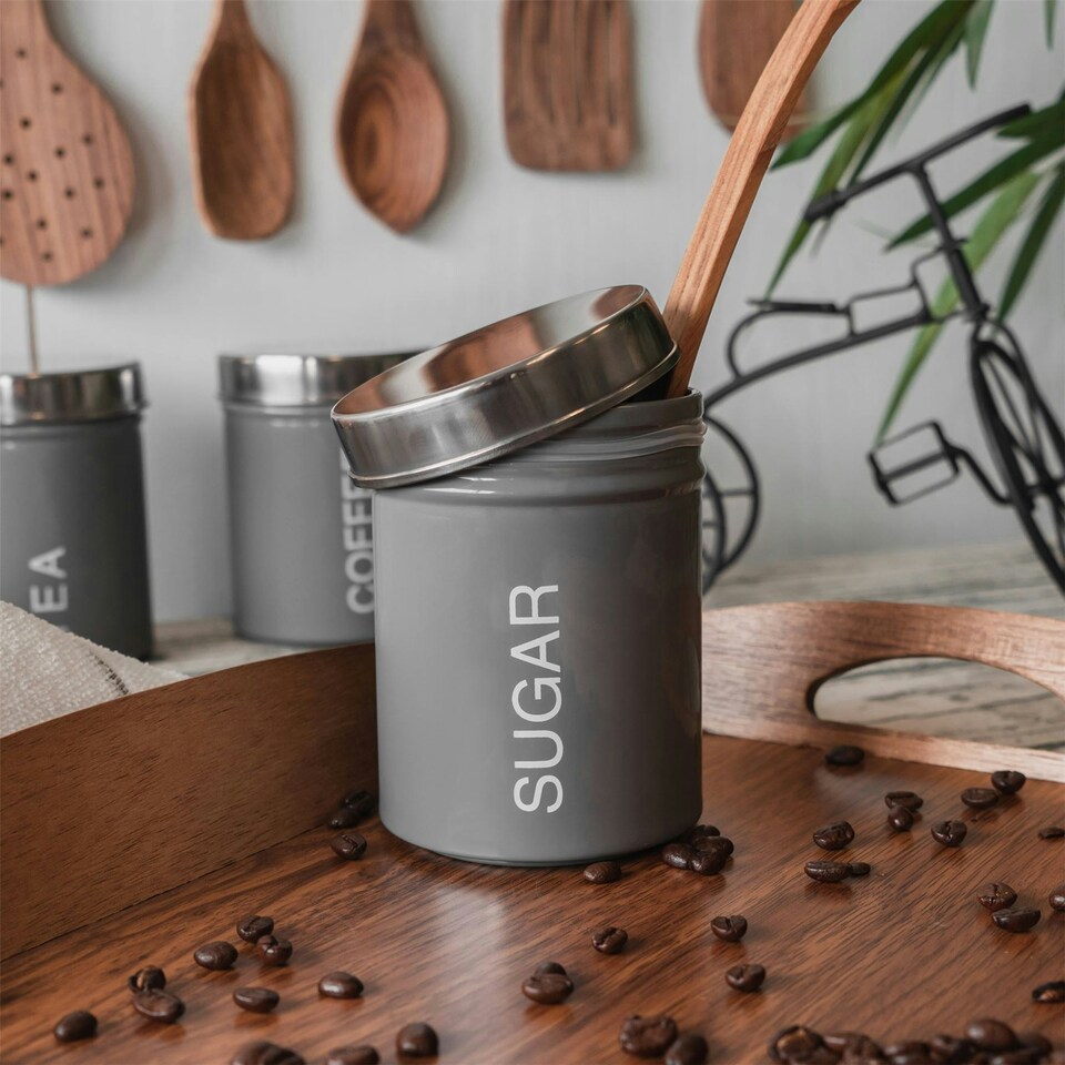 image 1 of Harbour Housewares Grey Round Metal Kitchen Coffee Canister Kitchen Caddy Kitchen Storage Containers Canisters