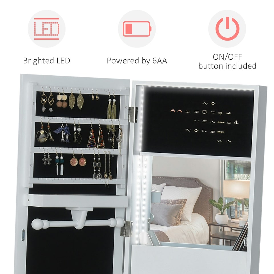 image 1 of HOMCOM Freestanding Jewellery Storage Armoire w/ 2 Mirrors Drawers Hooks Lights