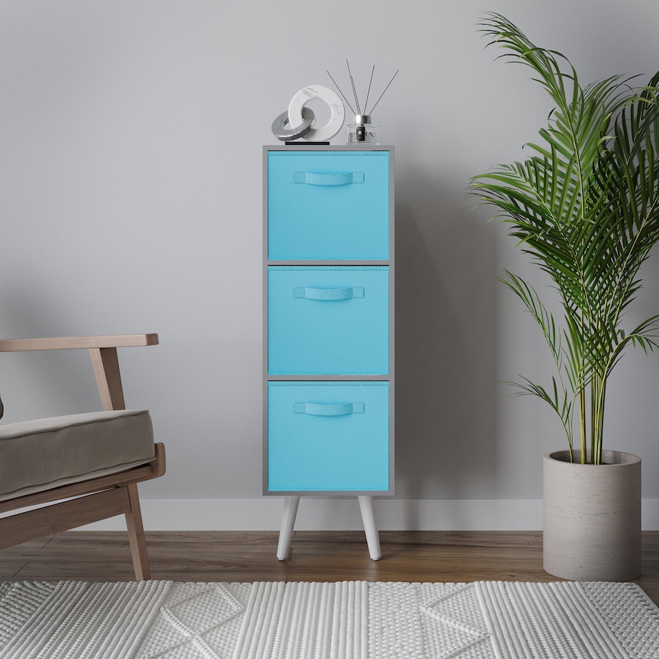 image 1 of Grey 3-Tier 3-Drawer Cube Shelving Unit with Scandinavian Legs | Blue | Sky Blue & White | 1