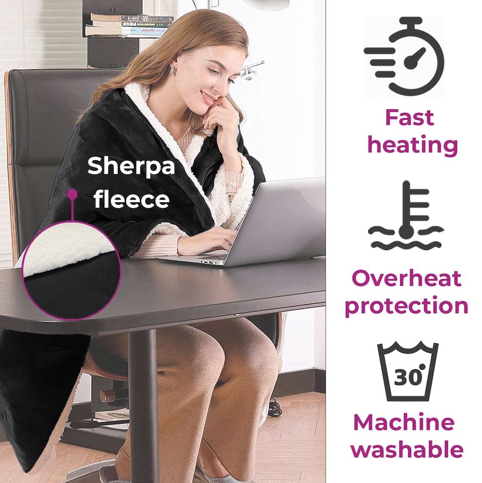 image 1 of Neo Black Electric Heated Throw Over Blanket - Reversible | Black