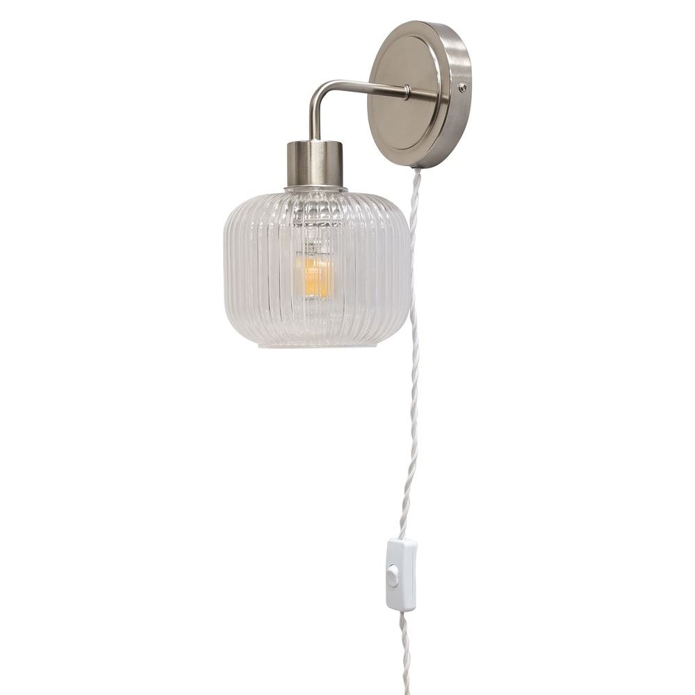 First Choice Lighting Toby - Satin Nickel Plug in Wall Light with Batley Ribbed Glass Shade in Silver