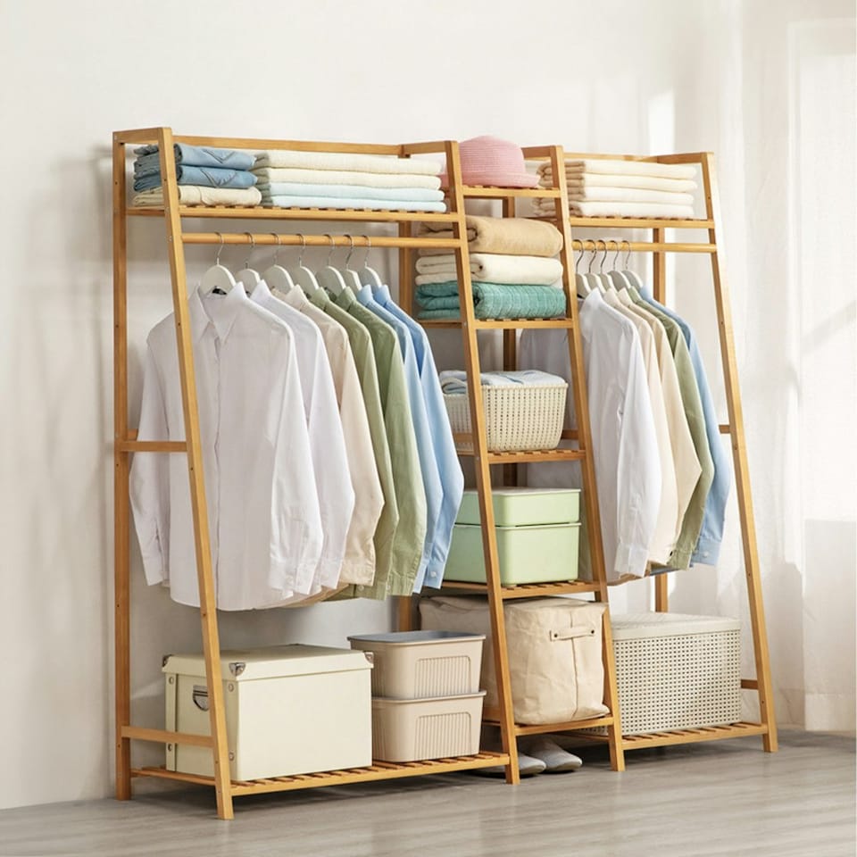 image 1 of Living and Home Trapezoid Bamboo Garment Rack with Tiered Storage Shelves | Brown