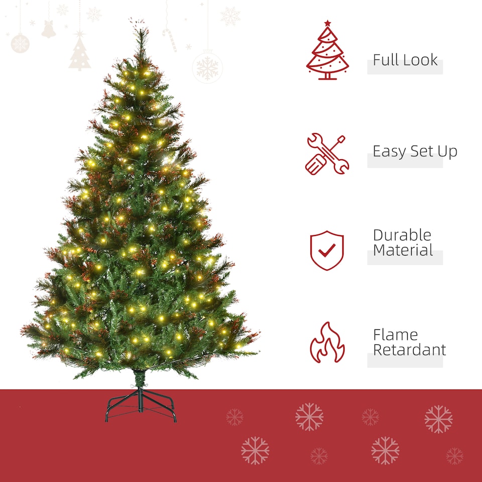 image 1 of HOMCOM 1.8m 6ft PreLit Christmas Tree Artificial Spruce Xmas Tree Warm White LED Holiday Decor with Metal Stand