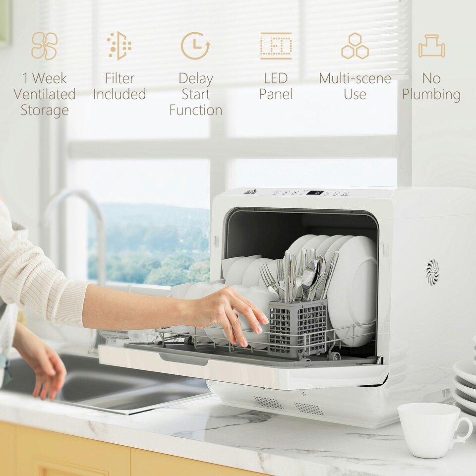 image 1 of HOMCOM Worktop Dishwasher w/ 4 Place Settings 6 Programs, White