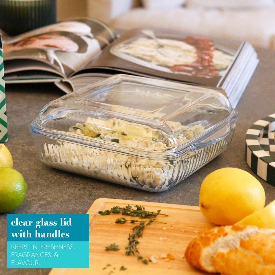 image 1 of Argon Tableware Optical Square Glass Oven Dishes with Lid - 24cm x 21cm - Pack of 2 | Clear | Clear | 24cm x 21cm