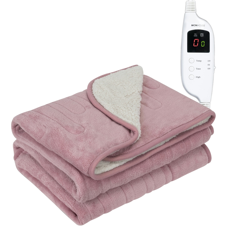 image 1 of MONHOUSE Heated Throw - Electric Blanket - Digital Controller - Timer up to 9 hours, 9 Heat Settings - Machine Washable - Single 130X160cm - PINK SHEARLING