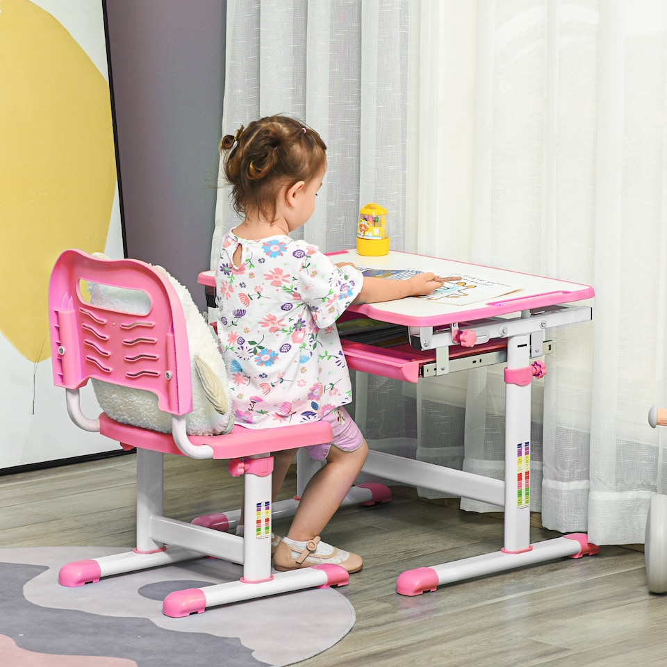 image 1 of HOMCOM Kids Desk and Chair Set Adjustable Tiltable with Drawer Pen Slot Hook | Pink