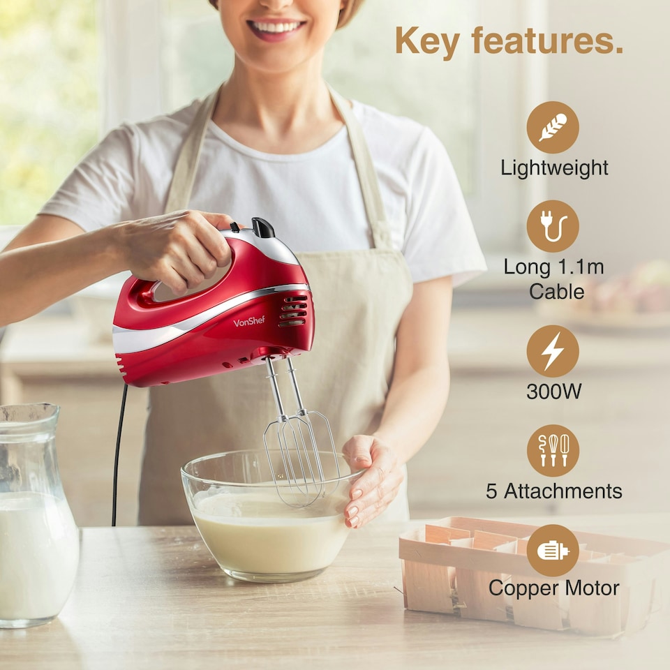 image 1 of VonShef 300W Red Hand Mixer Electric Whisk with 5 Speeds