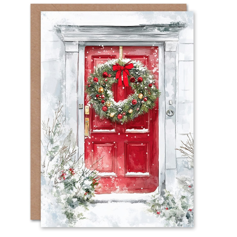 image 1 of Snow Covered Bauble Wreath Red Door For Child Kids Xmas Festive Christmas Card