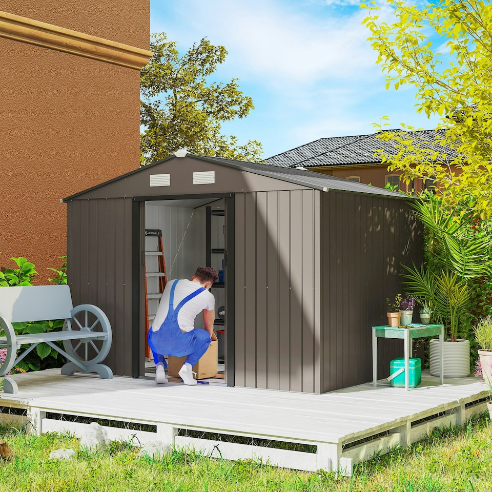 image 1 of Outsunny 9 x 6FT Galvanised Garden Storage Shed with Sliding Door, Brown