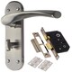 image 1 of Golden Grace Astrid Bathroom Door Handles on Backplate in Satin Stainless Steel Finish with Bathroom Mortise Lock & 1 Pair of 3" Hinges - 182mm x 45mm Grey