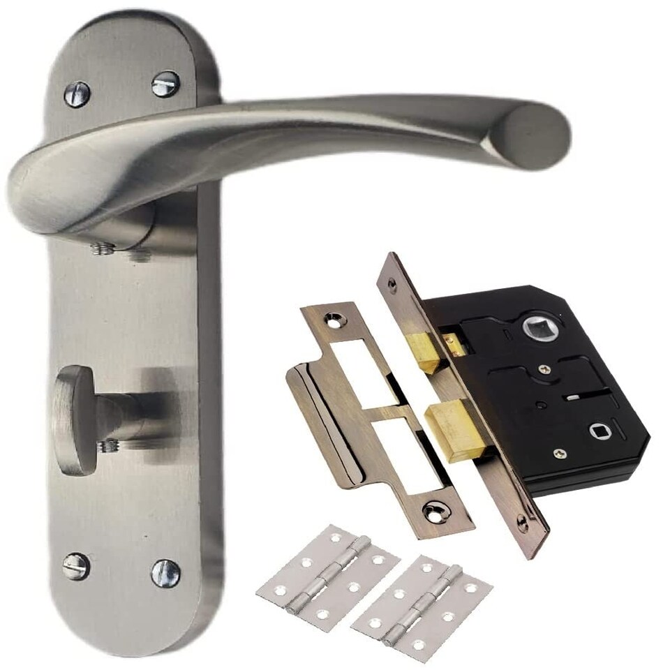image 1 of Golden Grace Astrid Bathroom Door Handles on Backplate in Satin Stainless Steel Finish with Bathroom Mortise Lock & 1 Pair of 3" Hinges - 182mm x 45mm Grey