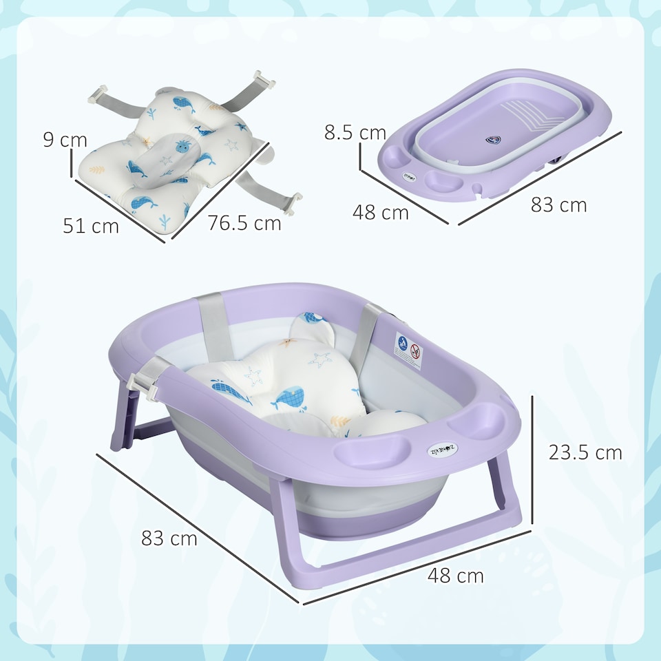 image 1 of ZONEKIZ Foldable Baby Bathtub w Non-Slip Support Legs, Cushion Pad - Purple