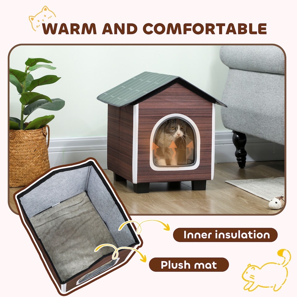 image 1 of PawHut Outdoor Cat House with Elevated Base, Cushion, Red-brown