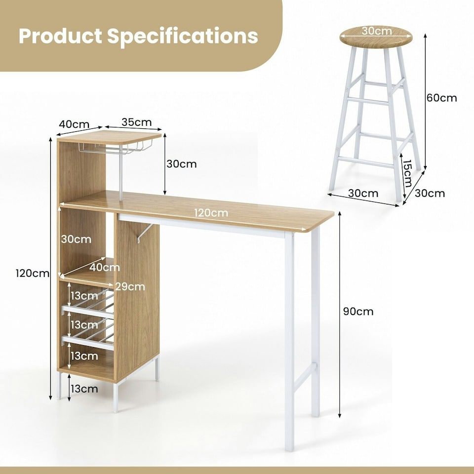 image 1 of COSTWAY 3PCS Bar Table & 2 Stool Dining Set Natural N/A