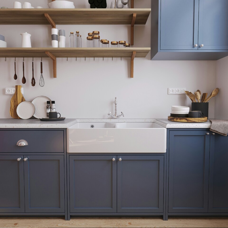 image 1 of 895mm - Double Bowl Fireclay Butler Kitchen Sink - Stepped Weir, Classic Tap & Wastes