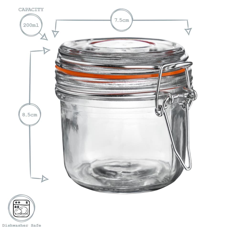 image 1 of Argon Tableware Glass Storage Jars - 200ml - Set of 6 - 4 Colour Seals Airtight Kitchen Storage Container Preserving Jar