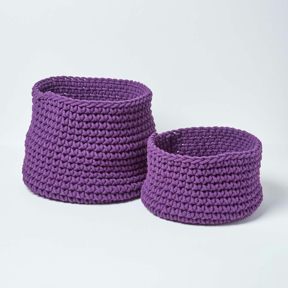 image 1 of Homescapes Deep Purple Cotton Knitted Round Storage Basket - 37 x 21 cm Purple | M