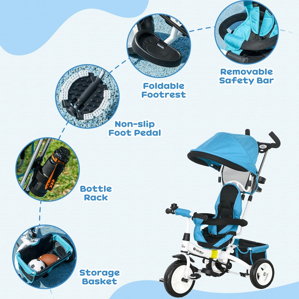 image 1 of HOMCOM 6 in 1 Kids Trike, Stroller with Parent Handle, Blue
