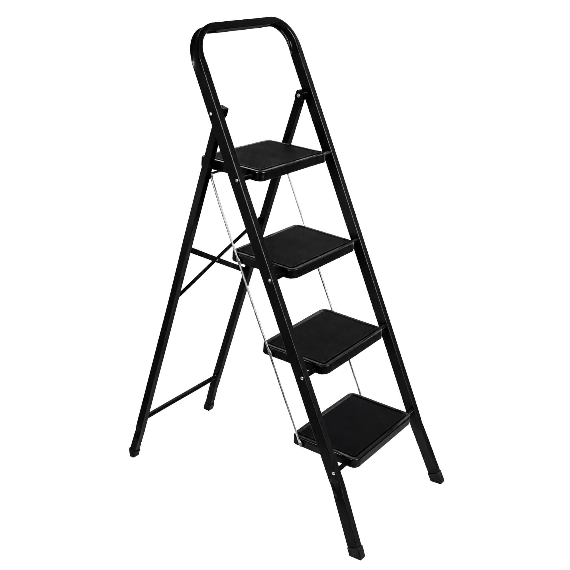 Futura 4 Step Ladder Black, Heavy-Duty Steel Folding Home DIY Step Stool with Wide Non-Slip Steps & Anti Slip Feet 150kg Capacity