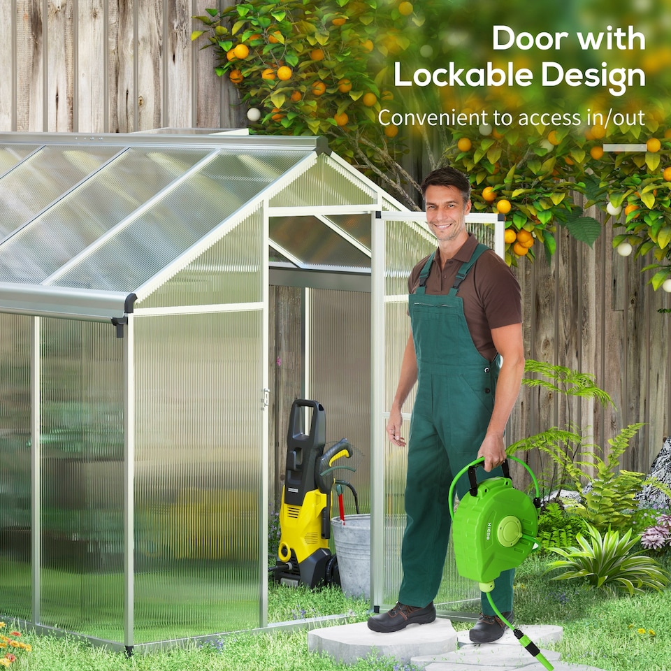 image 1 of Outsunny 8x6ft Aluminium Greenhouse with/ Door Window Galvanised Base PC Panel | Clear